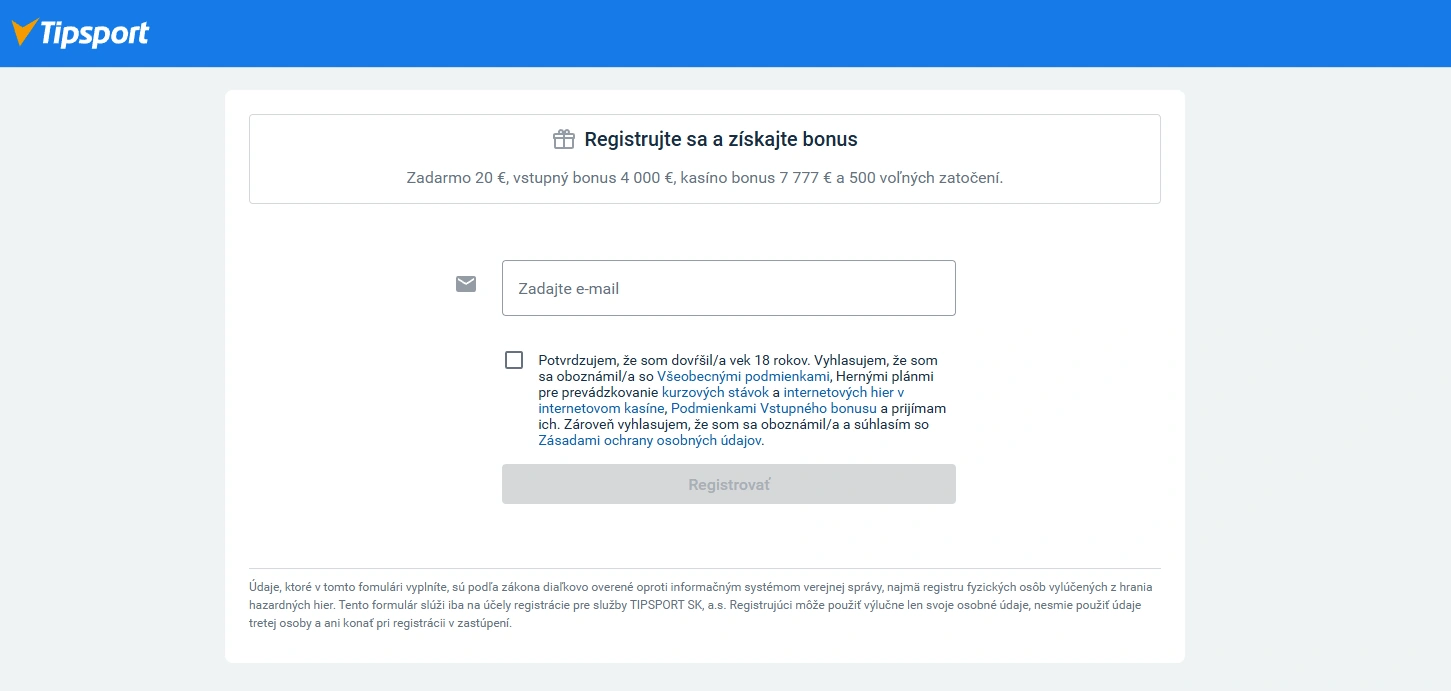 Registračný formulár Tipsport s potvrdením veku 18 rokov